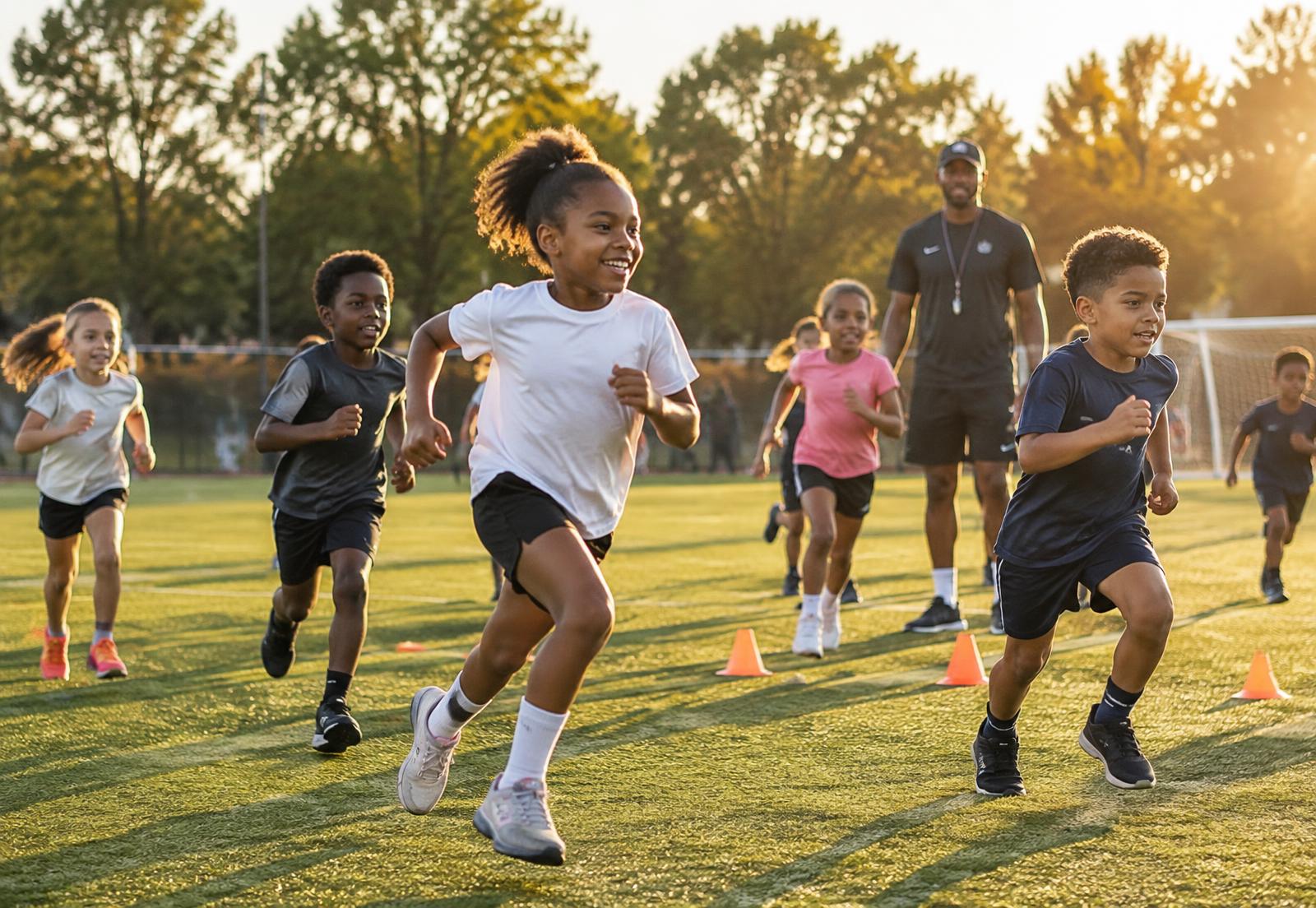 Children playing soccer and doing agility drills on the proposed NoMi Field