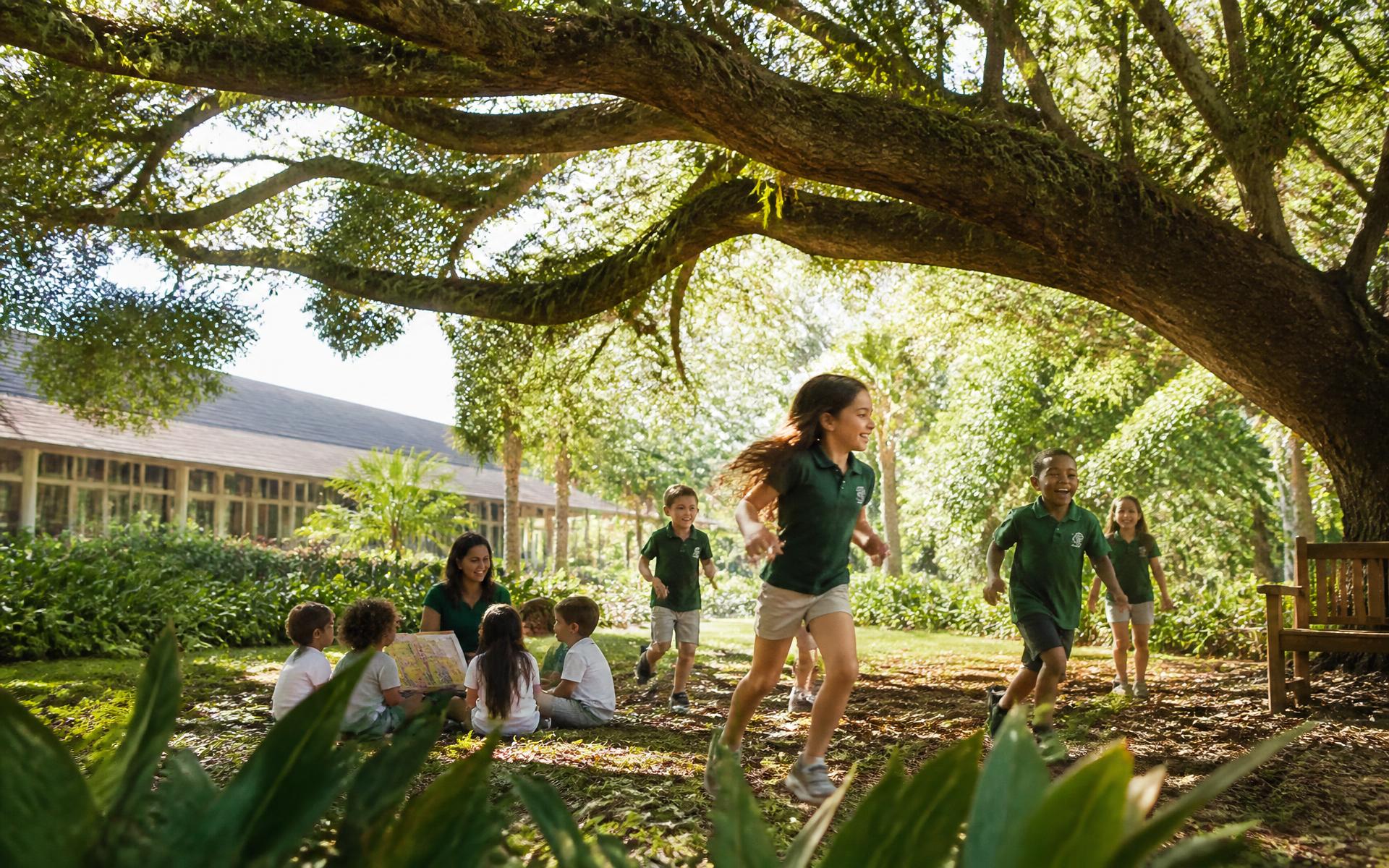 Children learning and playing under a large mature tree on a lush South Florida campus