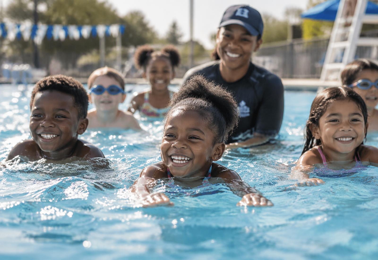 Children receiving professional swim instruction in a safe residential-scale pool